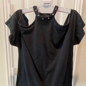 Studded neck cut away shoulder top